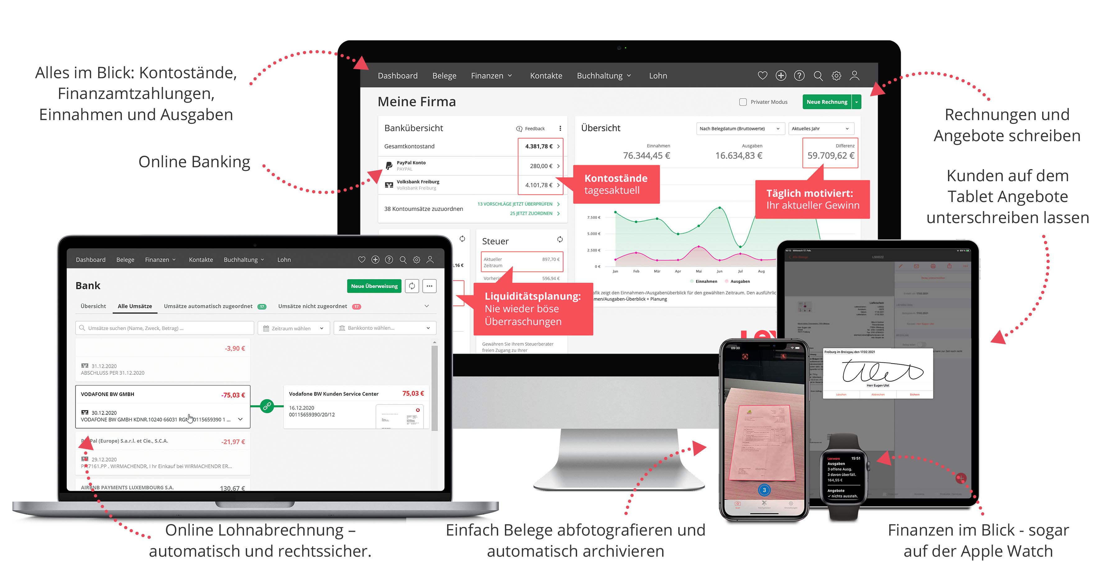 Lexware Office im Überblick: Kontostände, Online-Banking, Rechnungen und Angebote schreiben, Belege abfotografieren und automatisch archivieren, Finanzen auch auf der Apple Watch