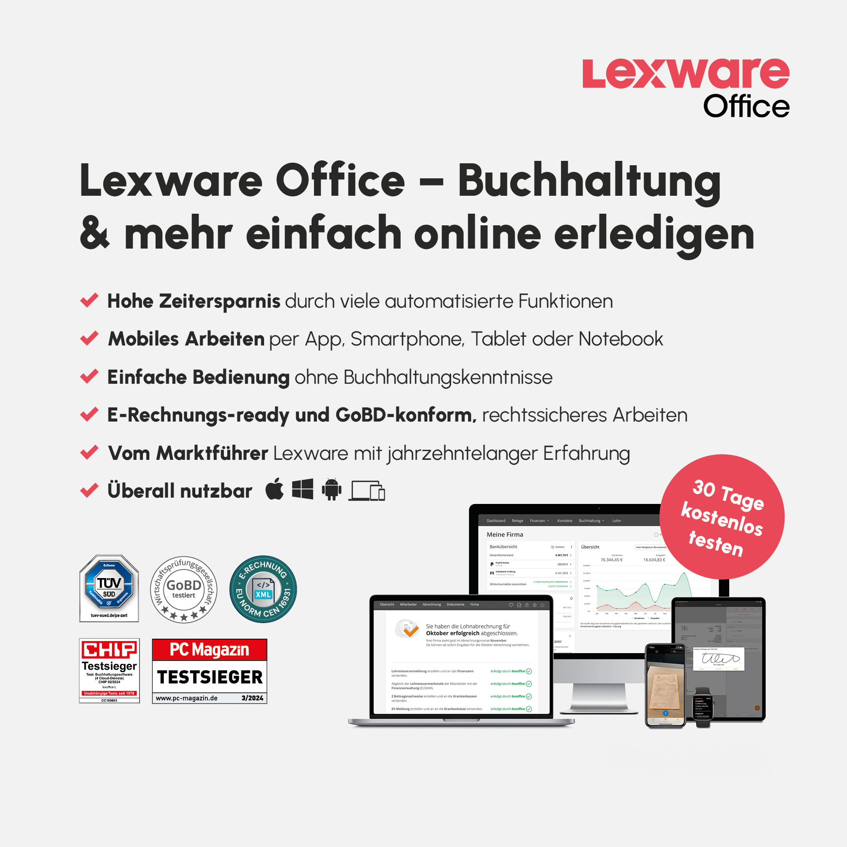 Die Vorteile von Lexware Office in der Übersicht: Zeitersparnis, mobiles Arbeiten, einfache Bedienung, GoBD-getestet und DSGVO-konform