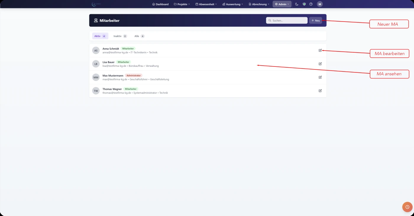 Quotivo Mitarbeiterverwaltung mit Rollen und Berechtigungen