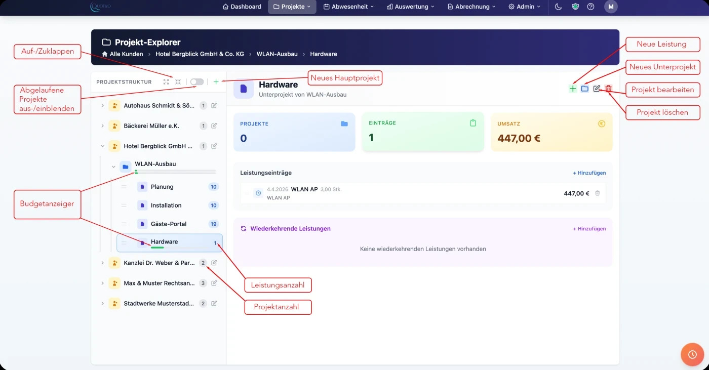 Quotivo Projekt-Explorer mit Baumstruktur und Drag & Drop