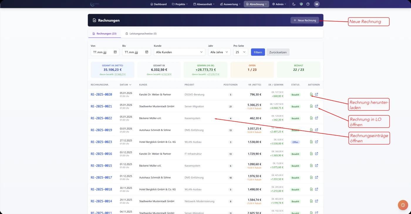 Quotivo Rechnungsübersicht mit Lexware Office Integration