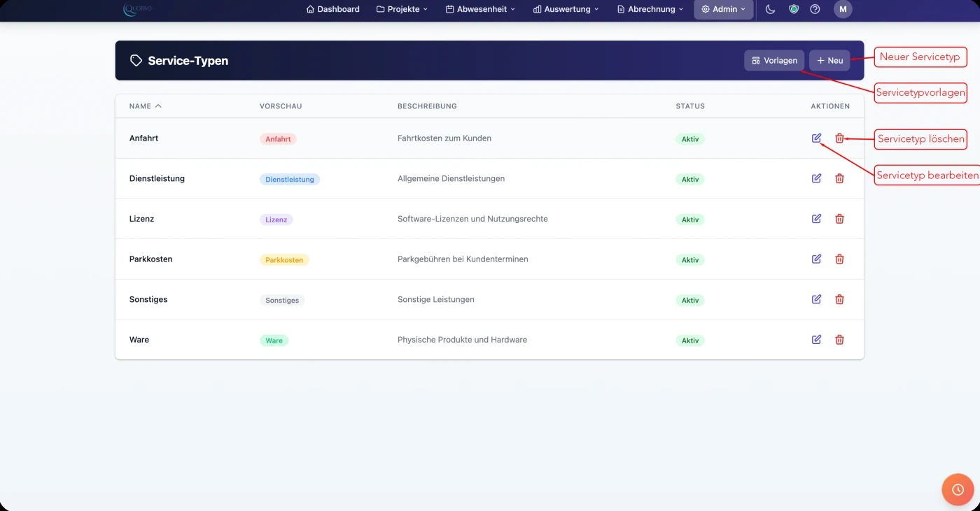 Quotivo Service-Typen mit individuellen Farbeinstellungen
