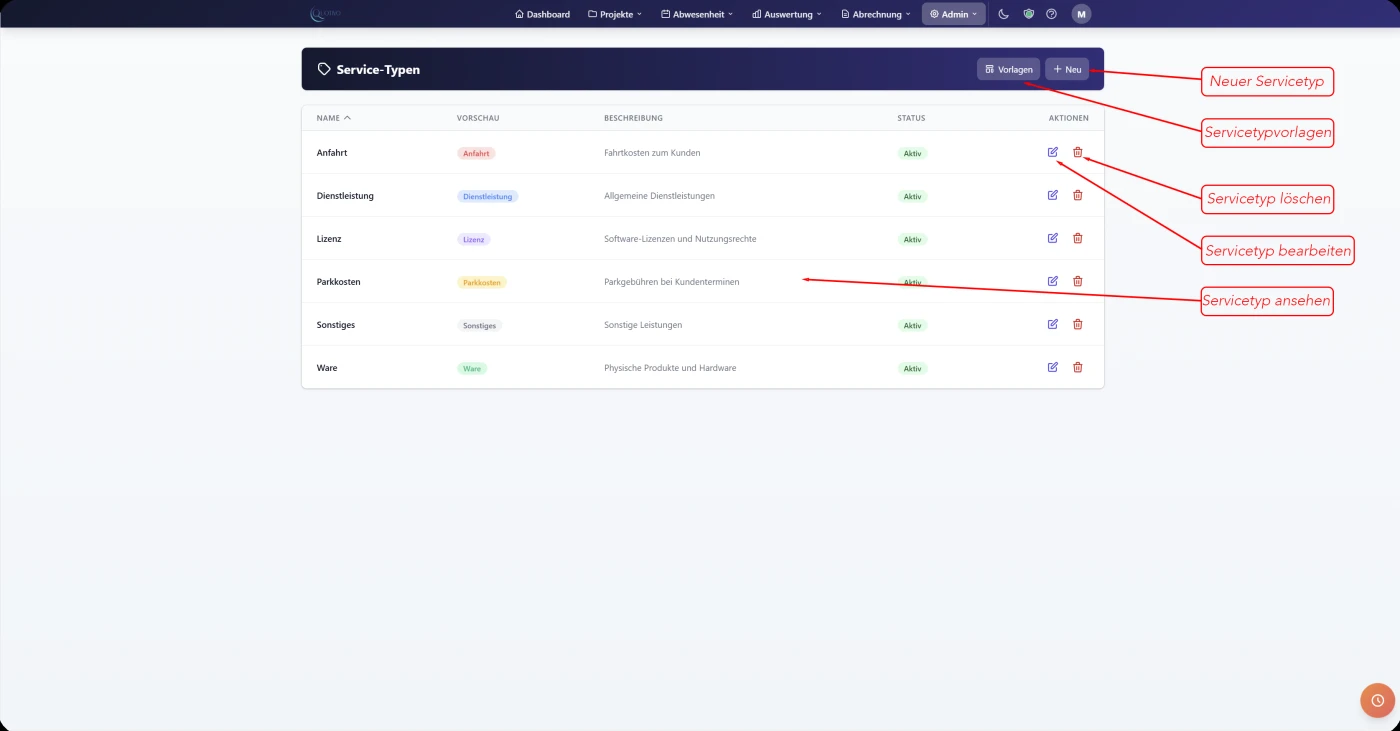 Quotivo Service-Typen mit individuellen Farbeinstellungen