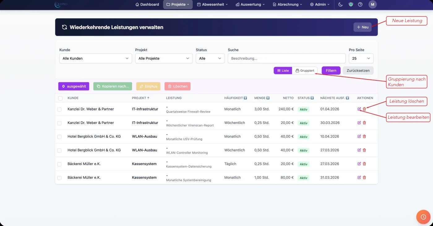 Quotivo wiederkehrende Leistungen für automatische Buchungen