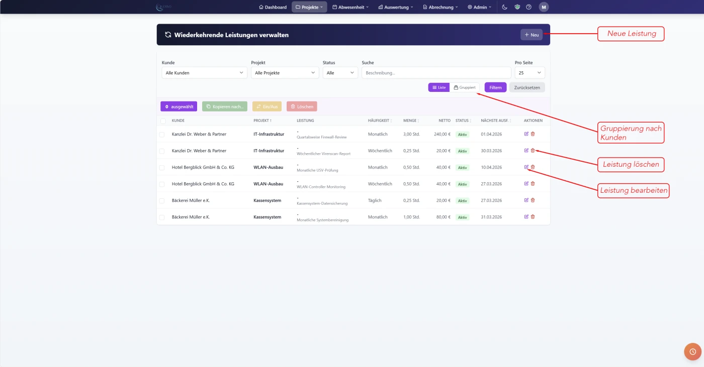 Quotivo wiederkehrende Leistungen für automatische Buchungen